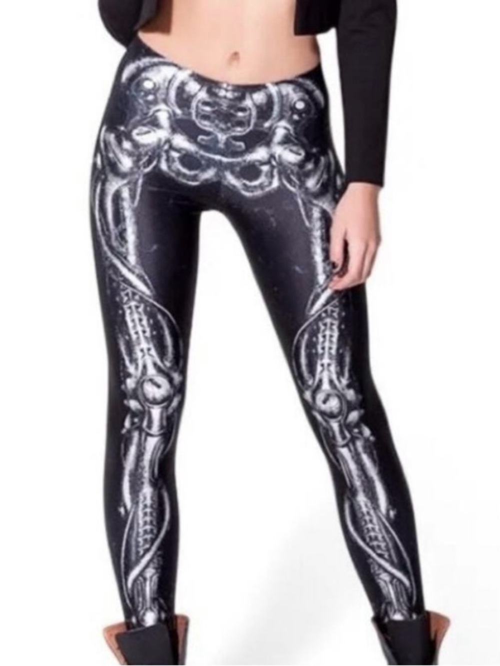 Blackmilk Black Leggings with White Skeleton Print